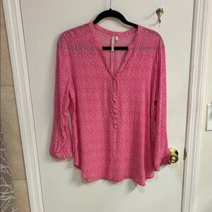 grand & greene Pink Printed V-Neck Button Placket Blouse Sz L
